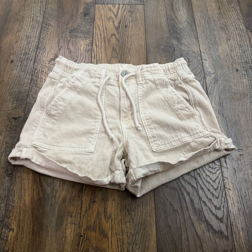 American Eagle Cream Stretch Denim Drawstring Shorts Size 2 Off White Coastal